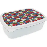 MuchoWow Broodtrommel Wit - Lunchbox - Brooddoos - Meiden - Kers - Eten - Patronen - Girl - Kids - Kinderen - Meisjes - 18x12x6 cm - Volwassenen
