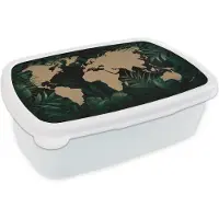 MuchoWow Broodtrommel Wit - Lunchbox - Brooddoos - Wereldkaart - Planten - Tropische Planten - 18x12x6 cm - Volwassenen