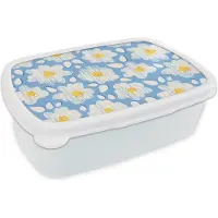 MuchoWow Broodtrommel Wit - Lunchbox - Brooddoos - Meiden - Bloemen - Blauw - Patronen - Girl - Kids - Kinderen - Kind - 18x12x6 cm - Volwassenen