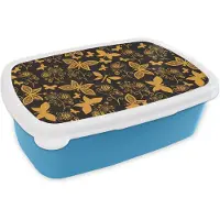 MuchoWow Broodtrommel Blauw - Lunchbox - Brooddoos - Bloemen - Vlinder - Goud - Patroon - 18x12x6 cm - Kinderen - Jongen