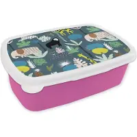 MuchoWow Broodtrommel Roze - Lunchbox - Brooddoos - Dieren - Planten - Jungle - Blauw - 18x12x6 cm - Kinderen - Meisje