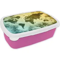 MuchoWow Broodtrommel Roze - Lunchbox - Brooddoos - Wereldkaart - Groen - Blauw - 18x12x6 cm - Kinderen - Meisje