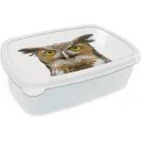 MuchoWow Broodtrommel Wit - Lunchbox Uil - Vogel - Portret - Brooddoos 18x12x6 cm - Brood lunch box - Broodtrommels voor kinderen en volwassenen
