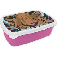 MuchoWow Broodtrommel Roze - Lunchbox - Brooddoos - Tijger - Kop - Schilderij - 18x12x6 cm - Kinderen - Meisje