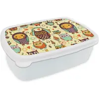 MuchoWow Broodtrommel Wit - Lunchbox - Brooddoos - Uil - Koptelefoon - Patroon - 18x12x6 cm - Volwassenen