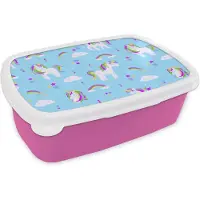 MuchoWow Broodtrommel Roze - Lunchbox - Brooddoos - Unicorn - Regenboog - Patronen - Kind - 18x12x6 cm - Kinderen - Meisje