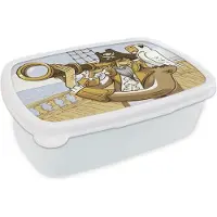 MuchoWow Broodtrommel Wit - Lunchbox - Brooddoos - Kinderillustratie van een piraat met zijn papegaai - 18x12x6 cm - Volwassenen