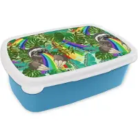MuchoWow Broodtrommel Blauw - Lunchbox - Brooddoos - Luiaard - Regenboog - Bladeren - Patronen - 18x12x6 cm - Kinderen - Jongen