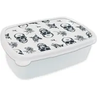 MuchoWow Broodtrommel Wit - Lunchbox - Brooddoos - Tieners - Skull - Bloemen - Patronen - 18x12x6 cm - Volwassenen