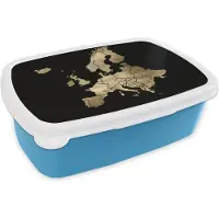 MuchoWow Broodtrommel Blauw - Lunchbox - Brooddoos - Kaart - Europa - Goud - 18x12x6 cm - Kinderen - Jongen