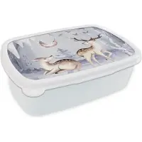 MuchoWow Broodtrommel Wit - Lunchbox - Brooddoos - Winter - Hert - Vogel - Sneeuw - 18x12x6 cm - Volwassenen