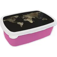 MuchoWow Broodtrommel Roze - Lunchbox - Brooddoos - Wereldkaart - Goud - Zwart - Aarde - Luxe - 18x12x6 cm - Kinderen - Meisje