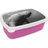 MuchoWow Broodtrommel Roze - Lunchbox - Brooddoos - Onderwaterfoto van een Lamantijn - zwart wit - 18x12x6 cm - Kinderen - Meisje