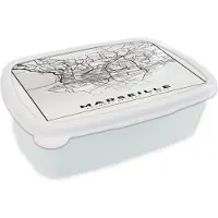MuchoWow Broodtrommel Wit - Lunchbox - Brooddoos - Marseille - Kaart - Stadskaart - Frankrijk - Plattegrond - Zwart wit - 18x12x6 cm - Volwassenen