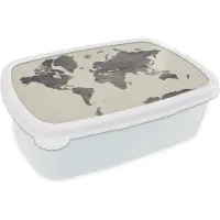 MuchoWow Broodtrommel Wit - Lunchbox - Brooddoos - Wereldkaart - Grijs - Hout - 18x12x6 cm - Volwassenen