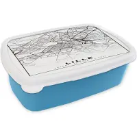 MuchoWow Broodtrommel Blauw - Lunchbox - Brooddoos - Plattegrond - Lille - Kaart - Frankrijk - Stadskaart - Zwart wit - 18x12x6 cm - Kinderen - Jongen