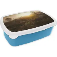 MuchoWow Broodtrommel Blauw - Lunchbox - Brooddoos - Hert - Mist - Zonsondergang - 18x12x6 cm - Kinderen - Jongen