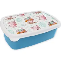 MuchoWow Broodtrommel Blauw - Lunchbox - Brooddoos - Winter - Varkens - Sneeuw - Patroon - Skiën - 18x12x6 cm - Kinderen - Jongen