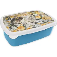 MuchoWow Broodtrommel Blauw - Lunchbox - Brooddoos - Leeuw - Bloemen - Zwart - Wit - 18x12x6 cm - Kinderen - Jongen