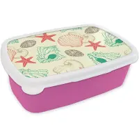 MuchoWow Broodtrommel Roze - Lunchbox - Brooddoos - Schelpen - Zeester - Strand - Vintage - Patroon - 18x12x6 cm - Kinderen - Meisje