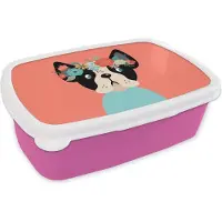 MuchoWow Broodtrommel Roze - Lunchbox - Brooddoos - Hond - Bloemen - Kroon - 18x12x6 cm - Kinderen - Meisje