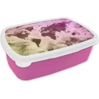 MuchoWow Broodtrommel Roze - Lunchbox - Brooddoos - Wereldkaart - Geel - Paars - 18x12x6 cm - Kinderen - Meisje