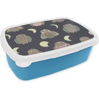 MuchoWow Broodtrommel Blauw - Lunchbox - Brooddoos - Uil - Patronen - Maan - 18x12x6 cm - Kinderen - Jongen