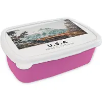 MuchoWow Broodtrommel Roze - Lunchbox - Brooddoos - Amerika - Bergen - Winter - Bos - 18x12x6 cm - Kinderen - Meisje