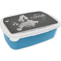 MuchoWow Broodtrommel Blauw - Lunchbox - Brooddoos - Vintage Europakaart met de tekst Explore - zwart wit - 18x12x6 cm - Kinderen - Jongen