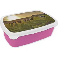 MuchoWow Broodtrommel Roze - Lunchbox - Brooddoos - Koeien - Zon - Licht - 18x12x6 cm - Kinderen - Meisje
