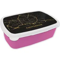 MuchoWow Broodtrommel Roze - Lunchbox - Brooddoos - Kaart - Amsterdam - Goud - Zwart - 18x12x6 cm - Kinderen - Meisje