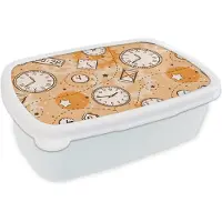 MuchoWow Broodtrommel Wit - Lunchbox - Brooddoos - Patronen - Klok - Zandloper - 18x12x6 cm - Volwassenen