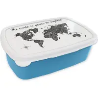 MuchoWow Broodtrommel Blauw - Lunchbox - Brooddoos - Wereldkaart - Quote - Zwart - Wit - 18x12x6 cm - Kinderen - Jongen