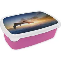 MuchoWow Broodtrommel Roze - Lunchbox - Brooddoos - Twee springende dolfijnen in het water - 18x12x6 cm - Kinderen - Meisje