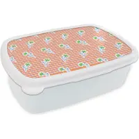 MuchoWow Broodtrommel Wit - Lunchbox - Brooddoos - Bloemen - Ruiten - Patroon - 18x12x6 cm - Volwassenen