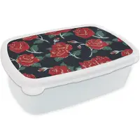 MuchoWow Broodtrommel Wit - Lunchbox - Brooddoos - Rozen - Bloem - Patroon - Rood - 18x12x6 cm - Volwassenen