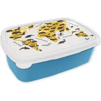 MuchoWow Broodtrommel Blauw - Lunchbox - Brooddoos - Wereldkaart - Geel - Dieren - 18x12x6 cm - Kinderen - Jongen