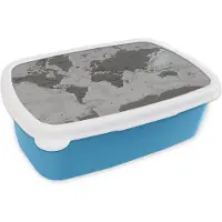 MuchoWow Broodtrommel Blauw - Lunchbox - Brooddoos - Stoere wereldkaart - zwart wit - 18x12x6 cm - Kinderen - Jongen