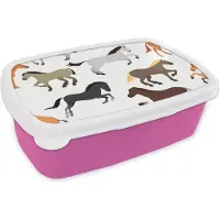 MuchoWow Broodtrommel Roze - Lunchbox - Brooddoos - Paarden - Kleuren - Patroon - Meisjes - Kinderen - Meiden - 18x12x6 cm - Kinderen - Meisje