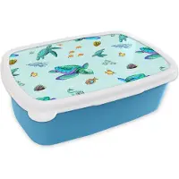 MuchoWow Broodtrommel Blauw - Lunchbox - Brooddoos - Regenboog - Schildpad - Vis - Water - Patronen - 18x12x6 cm - Kinderen - Jongen