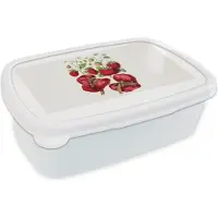 MuchoWow Broodtrommel Wit - Lunchbox - Brooddoos - Aardbeien - Fruit - Plant - 18x12x6 cm - Volwassenen