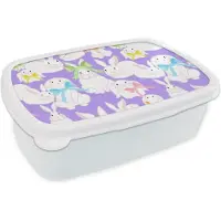 MuchoWow Broodtrommel Wit - Lunchbox - Brooddoos - Patronen - Konijn - Paars - Lente - 18x12x6 cm - Volwassenen
