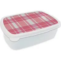 MuchoWow Broodtrommel Wit - Lunchbox - Brooddoos - Plaid - Roze - Patronen - 18x12x6 cm - Volwassenen