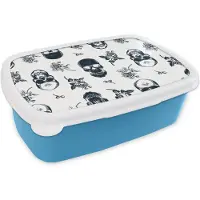 MuchoWow Broodtrommel Blauw - Lunchbox - Brooddoos - Tiener - Skull - Rozen - Patroon - 18x12x6 cm - Kinderen - Jongen