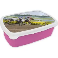 MuchoWow Broodtrommel Roze - Lunchbox - Brooddoos - Paarden - Racebaan - Zand - 18x12x6 cm - Kinderen - Meisje
