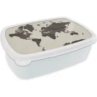 MuchoWow Broodtrommel Wit - Lunchbox - Brooddoos - Wereldkaart - Bruin - Hout - 18x12x6 cm - Volwassenen