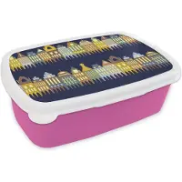 MuchoWow Broodtrommel Roze - Lunchbox - Brooddoos - Patronen - Huizen - Gebouw - 18x12x6 cm - Kinderen - Meisje