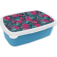 MuchoWow Broodtrommel Blauw - Lunchbox - Brooddoos - Bladeren - Hawaii - Design - Roze - Blauw - 18x12x6 cm - Kinderen - Jongen