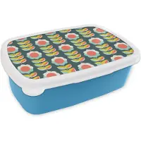 MuchoWow Broodtrommel Blauw - Lunchbox Retro - Bloemen - Scandinavisch - Brooddoos 18x12x6 cm - Brood lunch box - Broodtrommels voor kinderen en volwassenen