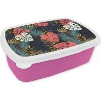 MuchoWow Broodtrommel Roze - Lunchbox - Brooddoos - Flora - Goud - Patronen - Hawaii - Tropisch - 18x12x6 cm - Kinderen - Meisje